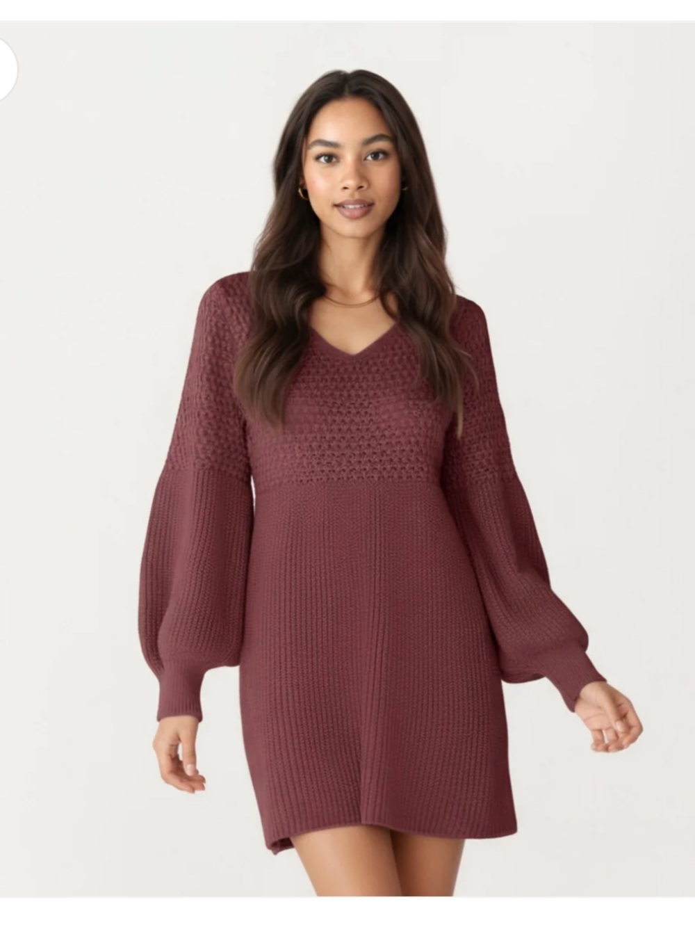 Burgundy Long Sleeve V-Neck Sweater Dress